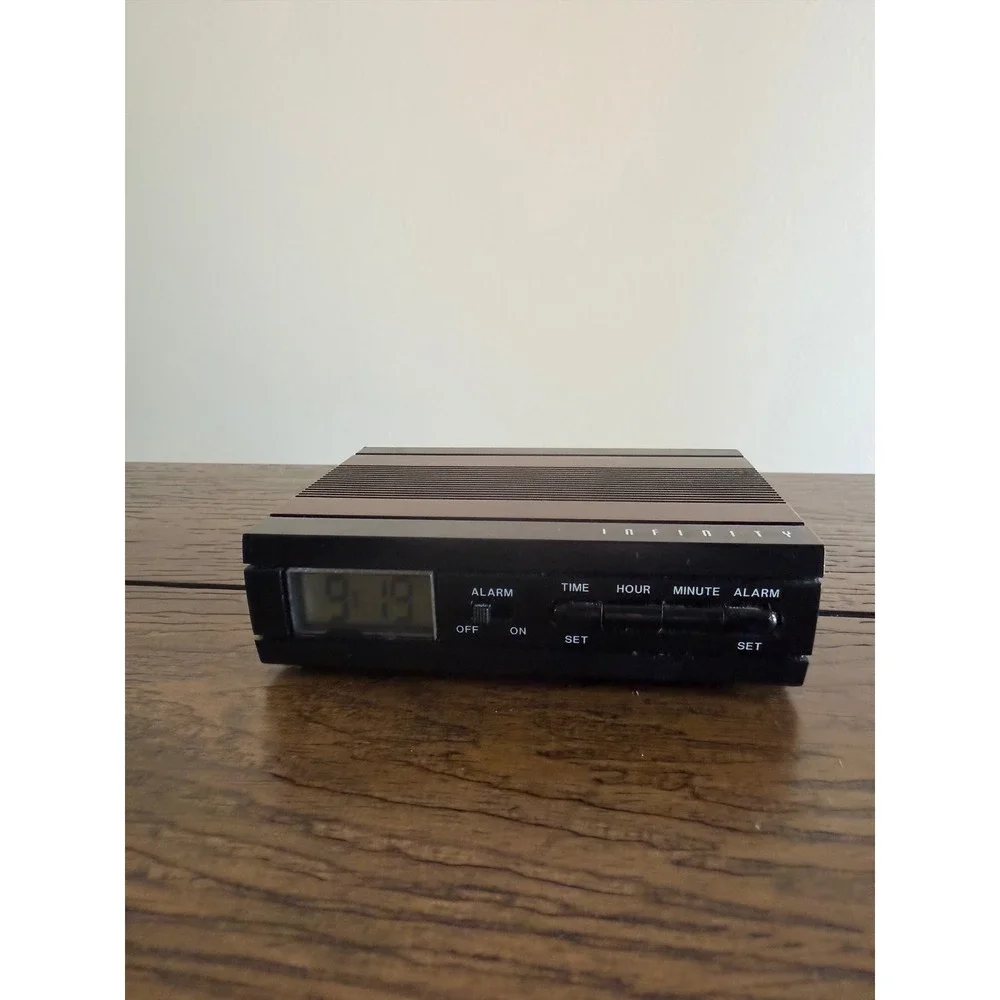 Infinity Alarm Clock Travel Digital Black Brown Good Faux Wood Grain Compact